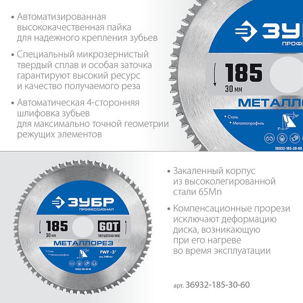 ЗУБР Металлорез, 185 х 30 мм, 60Т, пильный диск по металлу и металлопрофилю, Профессионал (36932-185-30-60) фото 4