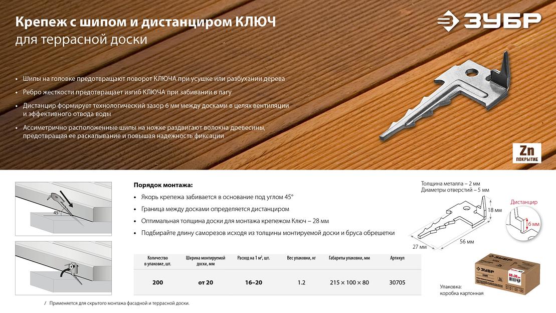 ЗУБР Ключ, 60 x 30 мм, цинк, 200 шт, скрытый крепеж с шипом для террасной доски (30705) фото 10