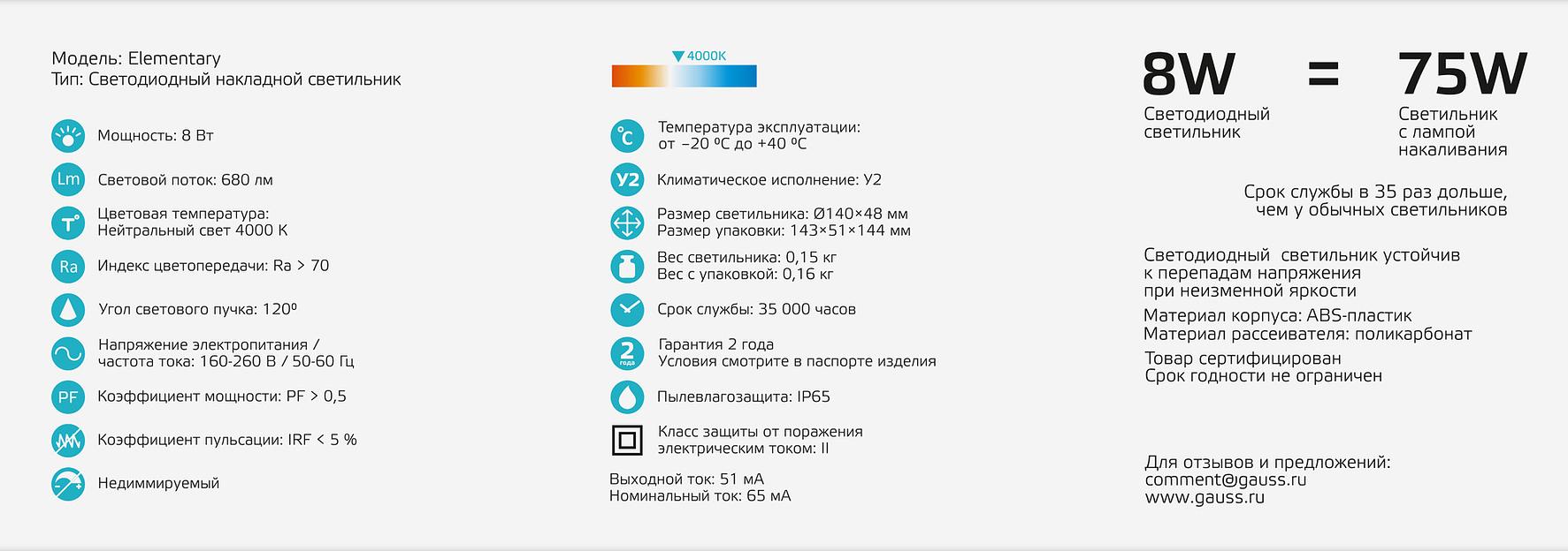 Светильник светодиодный накладной LED ДБП 8 Вт 680 Лм 4000К d180х51 мм IP65 круг Elementary Gauss Gauss 126411208 фото 4