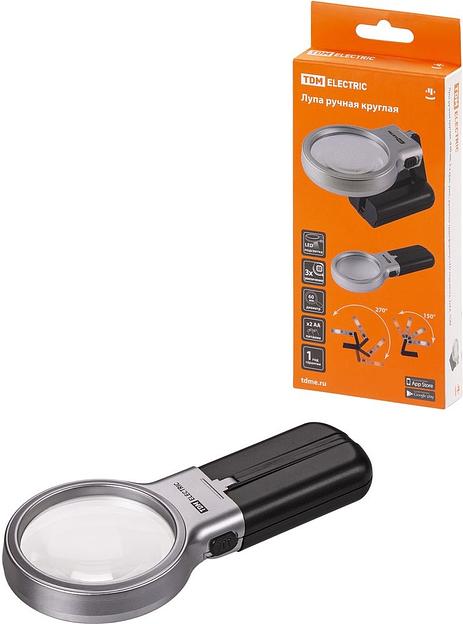 Лупа ручная круглая, d 60 мм, 3-х крат. увел., рукоятка-трансформер, LED подсветка, 2хАА, TDM фото 1