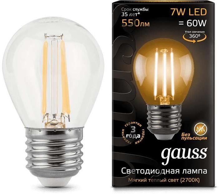 Лампа светодиодная Gauss Filament 7Вт цок.:E27 шар 220B 2700K св.свеч.бел.теп. P45 (упак.:1шт) (105802107) фото 1