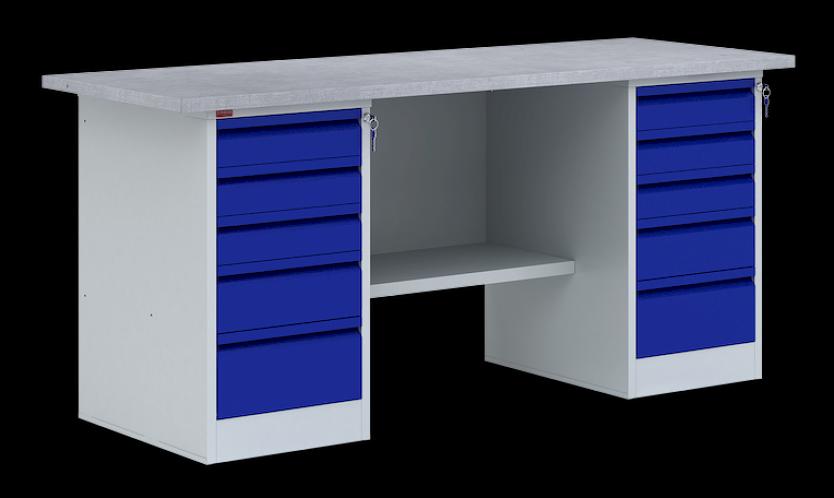 Верстак слесарный металлический двухтумбовый с двумя драйверами (по 5 ящиков), 1600х685х860 мм фото 1