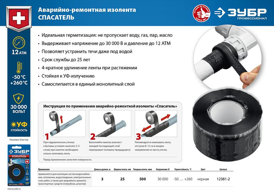 ЗУБР СПАСАТЕЛЬ 25 мм х 3 м, 12 Атм, 30 000 В, черная, силикон, самослипающаяся аварийно-ремонтная изолента, Профессионал (12381-2) фото 6