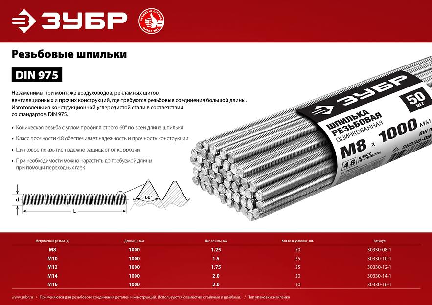 ЗУБР DIN 975, кл. пр. 4.8, М16 х 1000 мм, цинк, 10 шт, резьбовая шпилька (30330-16-1) фото 3