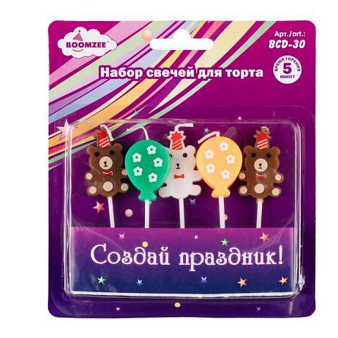 Набор свечей для торта, 5 шт, медведи и воздушные шарики, BOOMZEE BCD-30 фото 1
