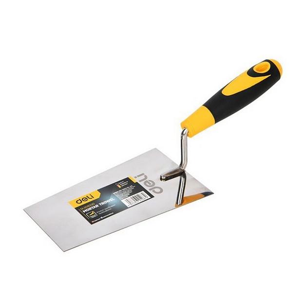 Кельма (мастерок) Deli DL509330 нержавеющая сталь, рабочая часть 80х105х180мм, форма "трапеция", прорезиненная рукоятка фото 1