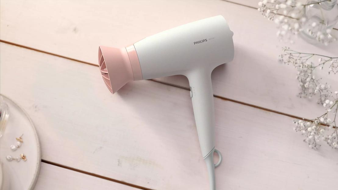 PHILIPS BHD300/00 Фен,1600 Вт, 3 режима, насадка ThermoProtect, концентратор, шнур 1,8 м. Цвет: белый с розовым. фото 3