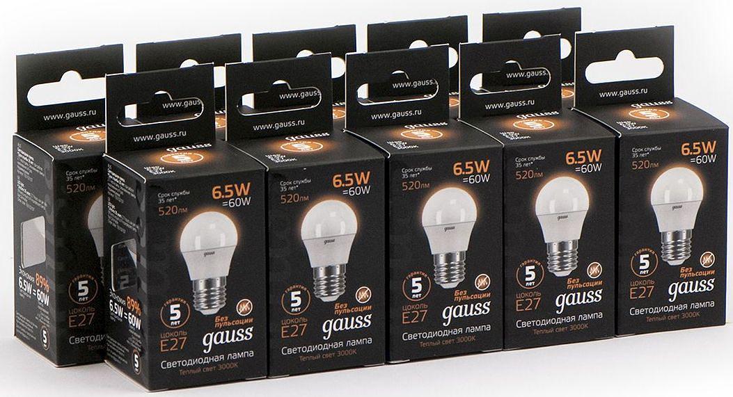 Лампа светодиодная Gauss Black 6.5Вт цок.:E27 шар 220B 3000K св.свеч.бел.теп. G45 (упак.:10шт) (105102107) фото 2
