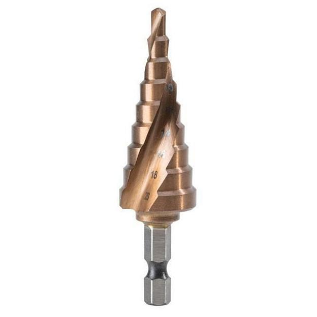 Оснастка Deli Сверло ступенчатое по металлу DH-JTZ020-E3 (4-20мм, HSS M35, спиральная канавка, шестигранный хвостовик) фото 1