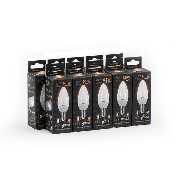 Лампа светодиодная Gauss 6.5Вт цок.:E14 свеча 220B 3000K св.свеч.бел.теп. 35-C (упак.:1шт) (103101107) фото 3