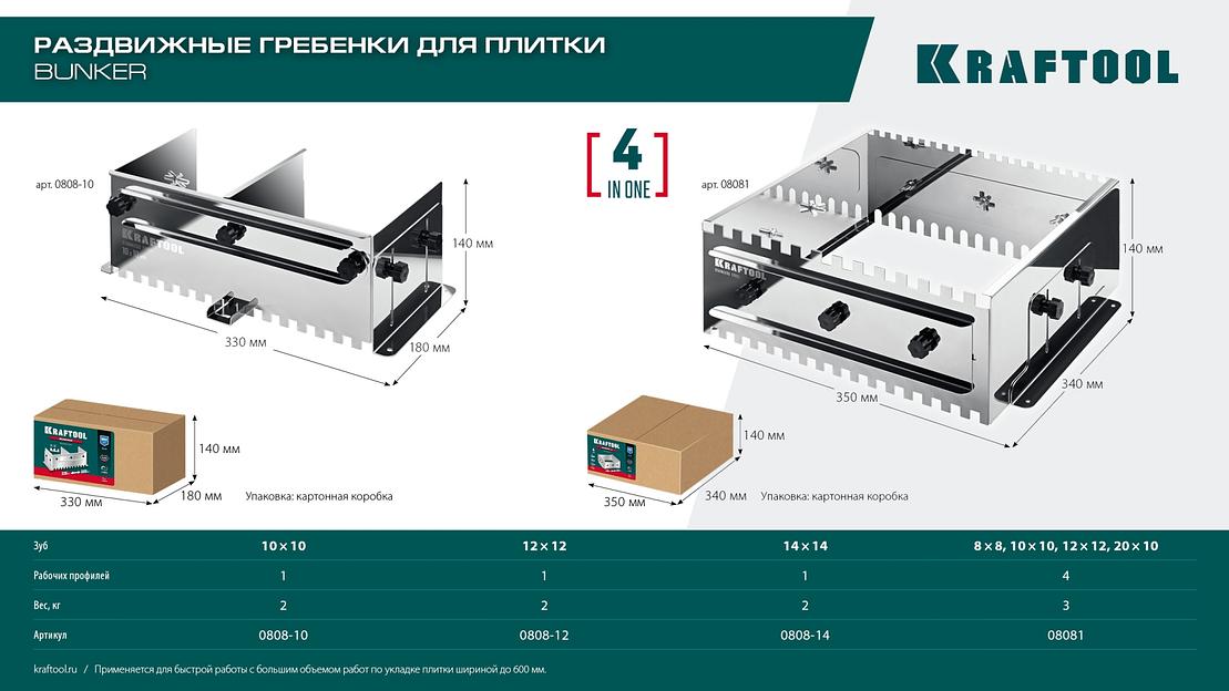 KRAFTOOL BUNKER зуб 12*12 мм, до 600 мм, нерж. сталь, Раздвижная гребенка для плитки (0808-12) фото 10