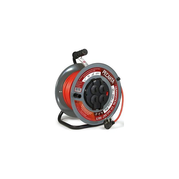 Удлинитель силовой Ресанта СУ-3х2,5КГ-50/3, розеток 4шт, 3x2.5 кв.мм, 50м, КГ, катушка металлическая, красный [61/118/10] фото 1