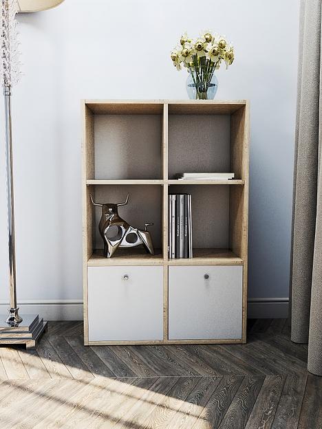 Стеллаж вертикальный с дверцами Wood&Stone «Малави» белый, дуб бунратти 62.8×31.2×93.4 см фото 1