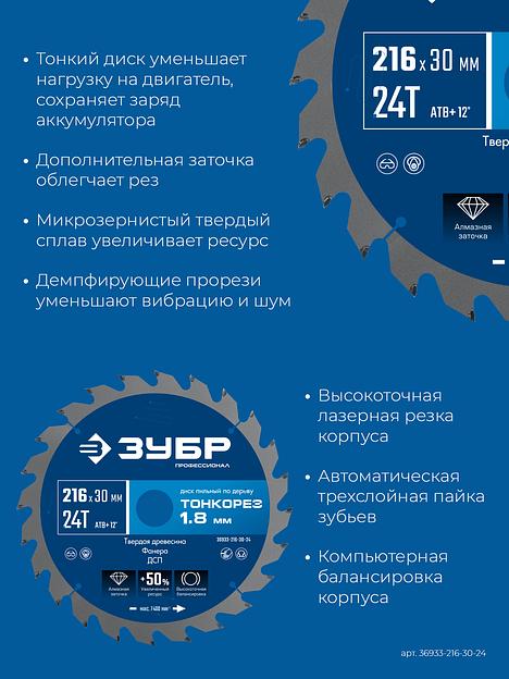 ЗУБР Тонкорез 216х30 x 1.8 мм, 24Т, диск пильный по дереву, тонкий рез, Профессионал (36933-216-30-24) фото 4