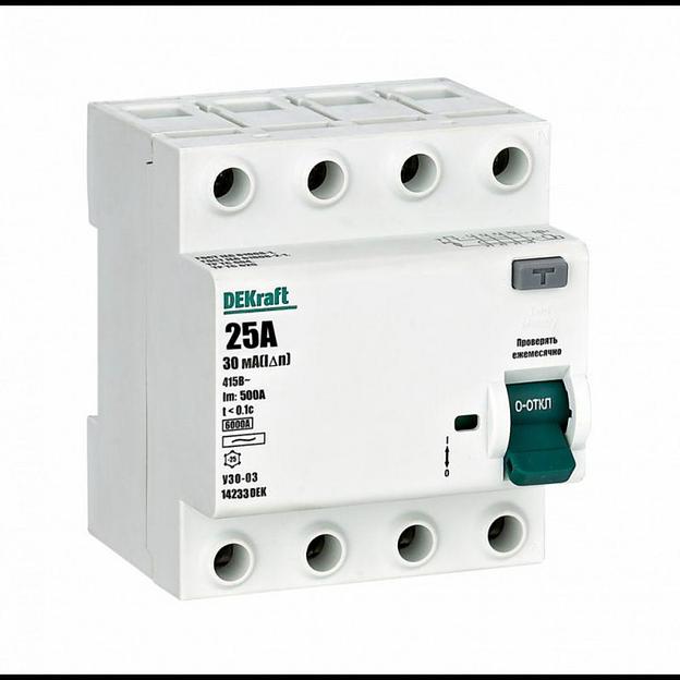 Выключатель дифференциального тока (УЗО) 4п 25А 30мА тип AC 6кА УЗО-03 DEKraft 14233DEK фото 1