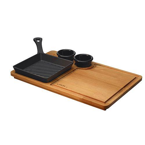 Сковорода-гриль порц. 16*16 см. h=3 см. чугун. на дерев. подставке LAVA /1/5/ фото 1