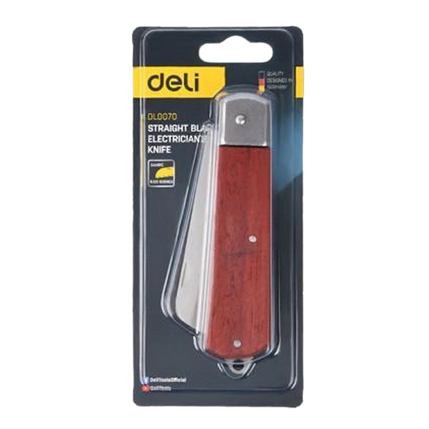 Нож электрика прямой складной Deli DL0070 длина 200мм, нержавеющая сталь, деревянная рукоять фото 3