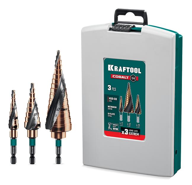 KRAFTOOL COBALT 3 шт., 4-32мм, азотирование, винтовая спираль, набор сверл ступенчатых(29691-4-32-H3) фото 1