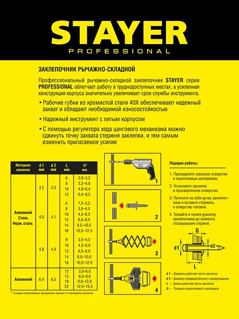 STAYER PRO-FIX, 3.2 - 6.4 мм, рычажно-складной заклепочник, Professional (3115) фото 7