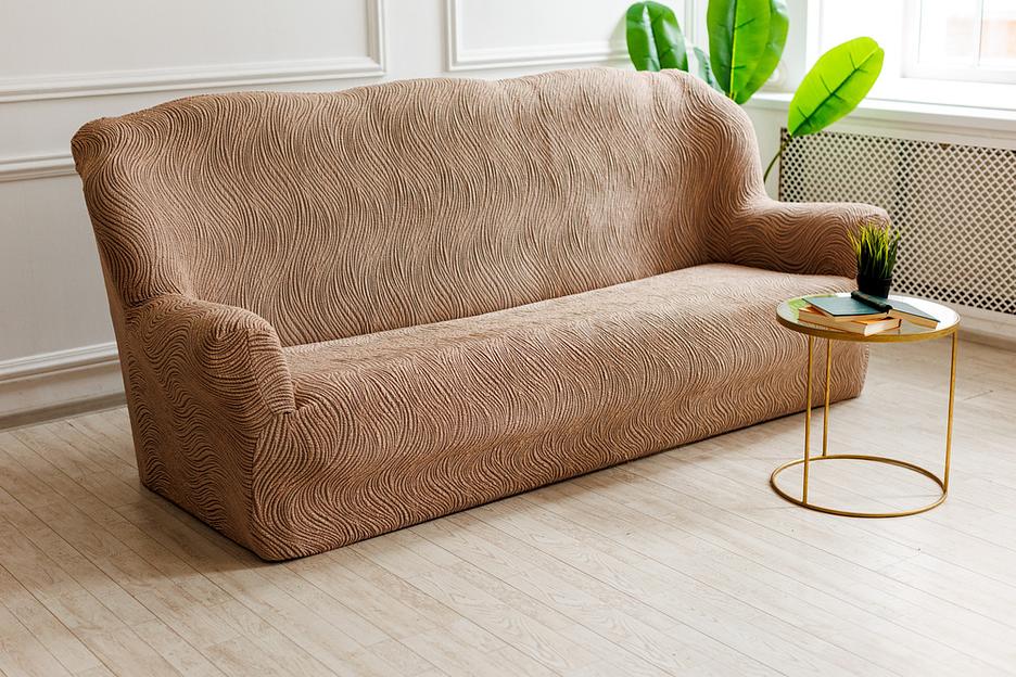 Чехол на трёхместный диван Чехлы&Пледы «Жаккард Волна» капучино ОПТ фото 2