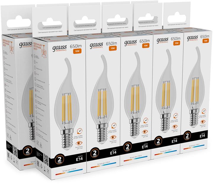 Лампа филам. Gauss Filament 10Вт цок.:E14 свеча св.свеч.бел.теп. (упак.:10шт) (42110) фото 3