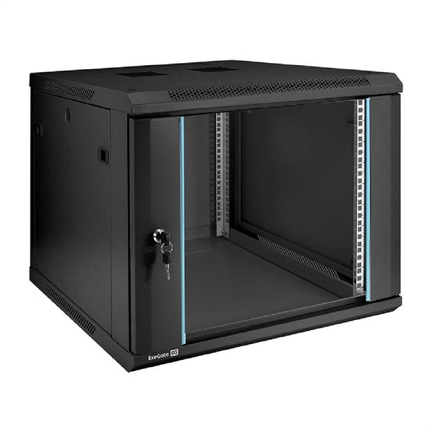 Exegate EX298608RUS Шкаф телекоммуникационный 19" настенный 9U ExeGate EC-WM-9U.600.G.BLACK (19”, 9U, 600x600x500mm (ШхГхВ), передняя дверь закаленное стекло, съемные боковые панели, пыле- и влагозащи фото 1