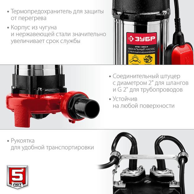 Насос фекальный с режущим механизмом Зубр серия «Мастер» НПФ-1350-Р ОПТ фото 6