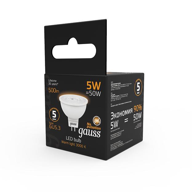 Лампа светодиодная Gauss Black 5Вт цок.:GU5.3 рефлектор 220B 3000K св.свеч.бел.теп. MR16 (упак.:1шт) (101505105) фото 5