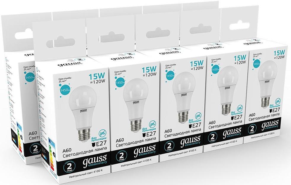 Лампа светодиодная Gauss Elementary 15Вт цок.:E27 груша 220B 4100K св.свеч.бел.ней. A60 (упак.:10шт) (23225) фото 3