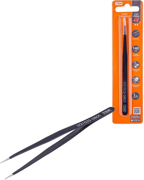 Пинцет прецизионный прямой 140 мм, острое жало, нерж., антистатич. покр., блистер, "Рубин" TDM фото 1