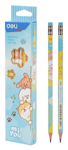 Карандаш чернографит. Deli MiYou EC012-2B 2B шестигран. ластик корпус ассорти коробка картонная (12шт) фото 6