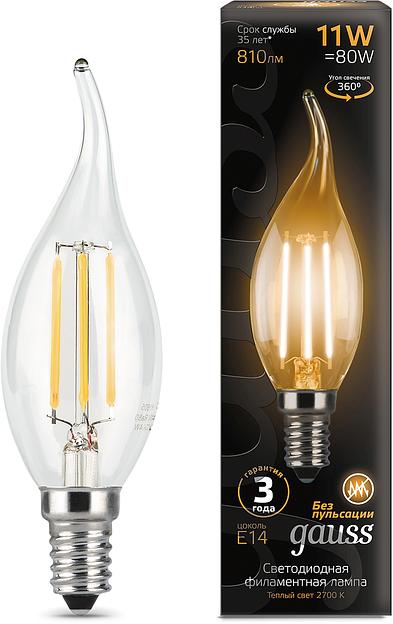 Лампа филам. Gauss Filament 11Вт цок.:E14 свеча 220B св.свеч.бел.теп. CF35 (упак.:10шт) (104801111) фото 1