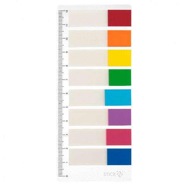 Закладки самокл. индексы пластиковые Stick`n 21467 12x45мм 8цв.в упак. 15лист на линейке с цветным краем европодвес фото 1