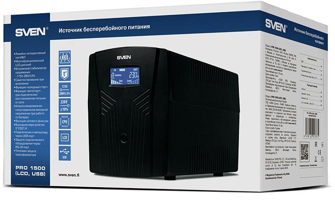 ИБП SVEN Pro 1500 (LCD, USB), линейно-интерактивный, автоматический стабилизатор напряжения, 1500Вт, 900Ва, 3 евророзетки, USB, RJ-45, черный, габариты 140?350?175мм, 10кг. (SV-013875) фото 5