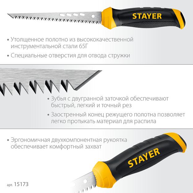 STAYER 160 мм, выкружная ножовка по гипсокартону, Professional (15173) фото 4