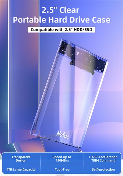 Внешний корпус для HDD/SSD Netac NT07WH11-30CC 2.5 SATA --> USB3.0, скользящая прозрачная крышка, USB3.0 C --> C кабель фото 1