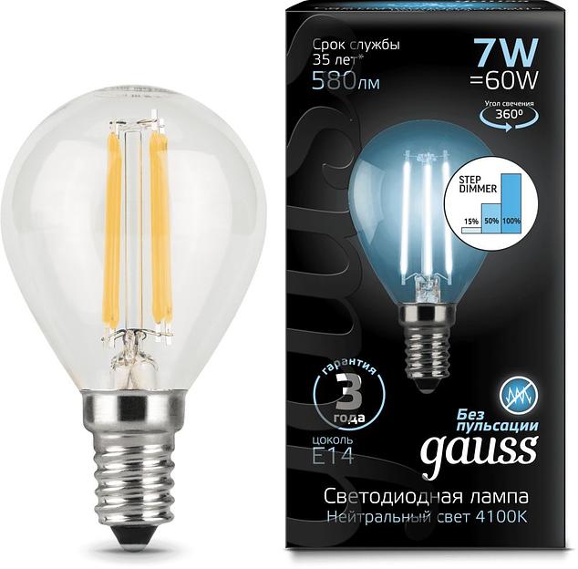 Лампа светодиодная Gauss Filament 7Вт цок.:E14 шар 220B 4100K св.свеч.бел.нейт. P45 (упак.:1шт) (105801207) фото 2