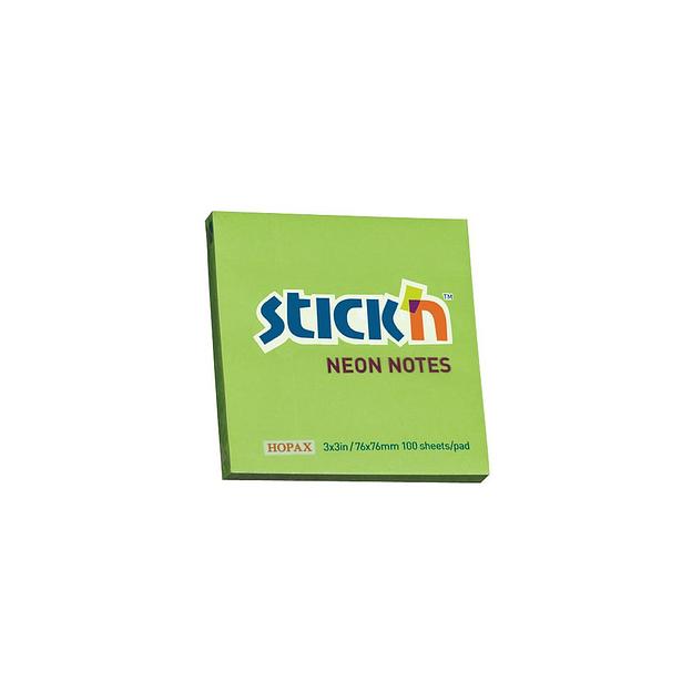 Блок самоклеящийся бумажный STICK`N 21167, 76x76, 100 л, неон, зеленый фото 1