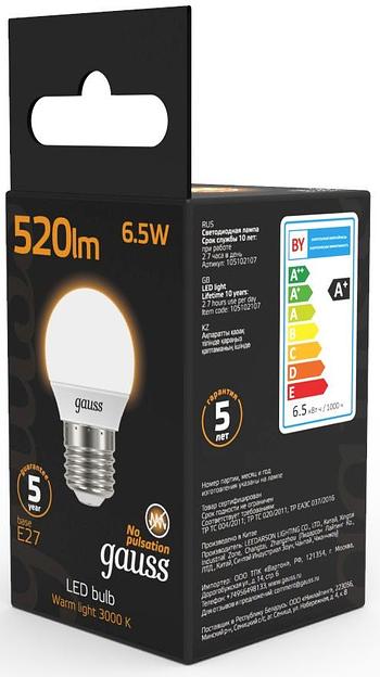Лампа светодиодная Gauss Black 6.5Вт цок.:E27 шар 220B 3000K св.свеч.бел.теп. G45 (упак.:10шт) (105102107) фото 7