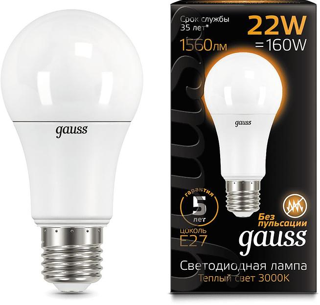Лампа светодиодная Gauss A70 22Вт цок.:E27 груша 220B 3000K св.свеч.бел.теп. (упак.:1шт) (102502122) фото 2