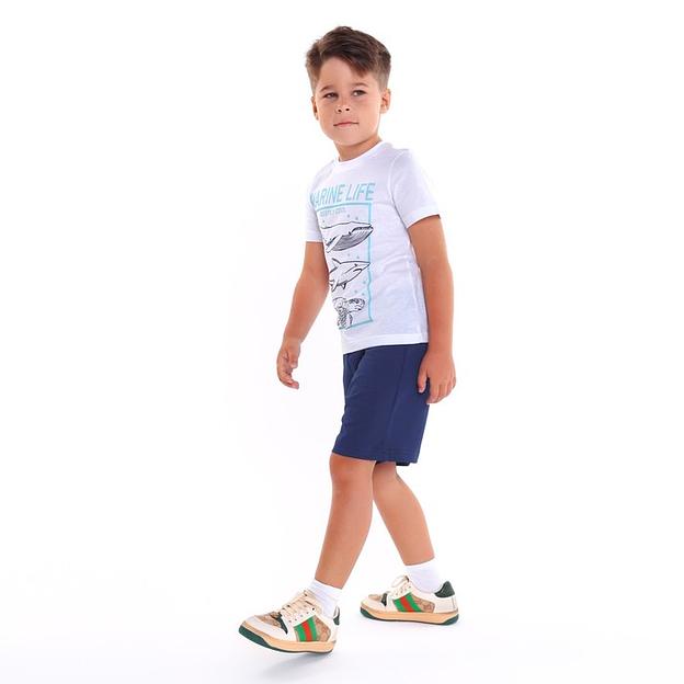 Комплект (футболка, шорты) для мальчика Let's go, рост 104-110 см белый, синий ОПТ фото 2