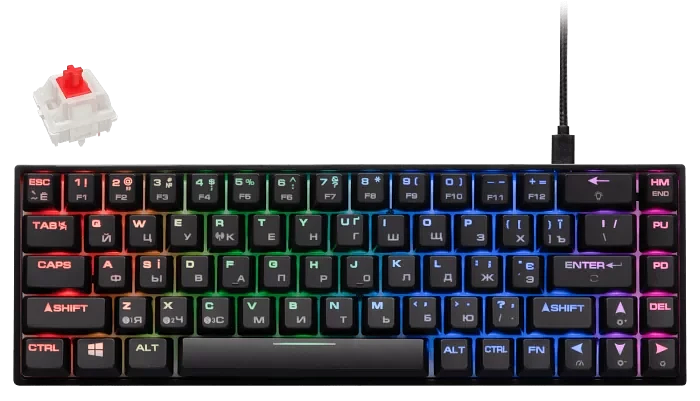 Клавиатура игровая 2E GAMING KG380 RGB 68key Gateron Red Switch BT/USB Black Ukr 2E-KG380UBK-RD фото 1
