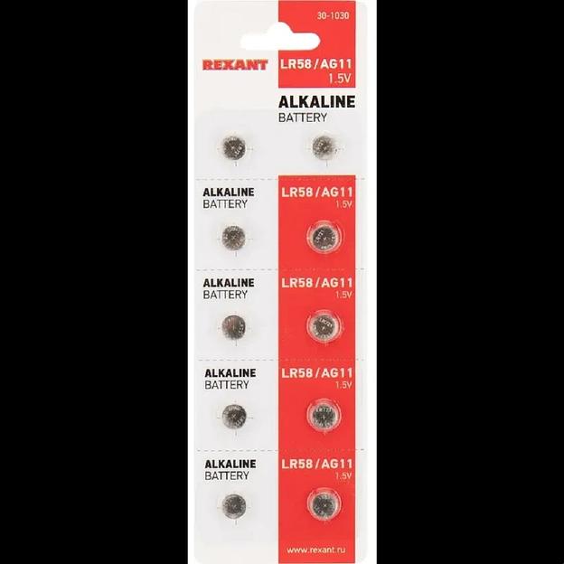 Rexant (30-1030) Батарейка часовая LR58, 1,5В, 10 шт (AG11, LR721, G11, 162, GP62A, 362, SR721W) блистер фото 1