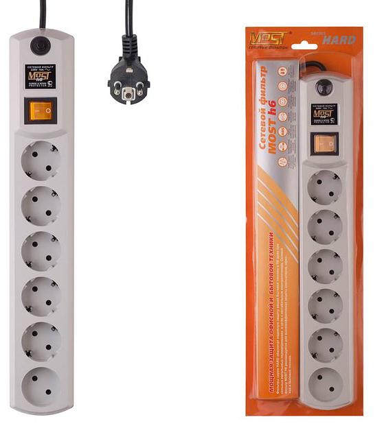 Сетевой фильтр Most H6 2м (6 розеток) белый (коробка) фото 1