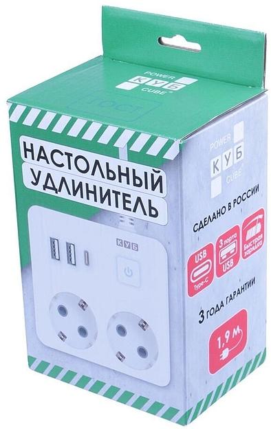 PowerCube Бытовой удлинитель (PC-1-2M) 2р с/з вык.,3USB, 3500 Вт, 16А, 1.9 м, 3*1,0 (белый) квадрат {22299} фото 4