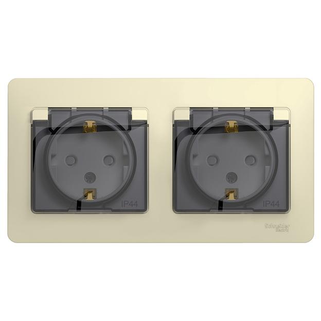 Розетка GLOSSA двойная с заземлением со шторками в сборе IP44 бежевый фото 1