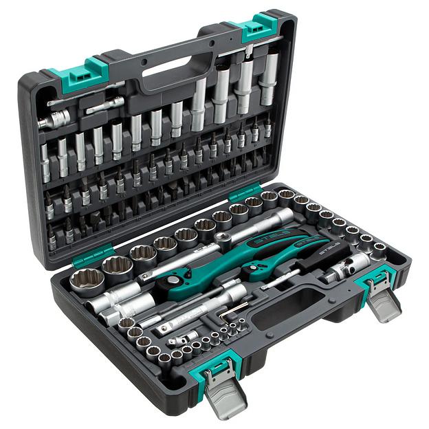 Набор инструментов 1/2, 1/4, CrV, 12 гранные головки, пластиковый кейс, 94 предмета фото 2