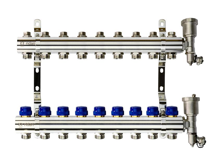 Коллекторная группа FHF-9R set 9 контуров 1'x3/4' c воздухоотводчиками и кронштейнами фото 1