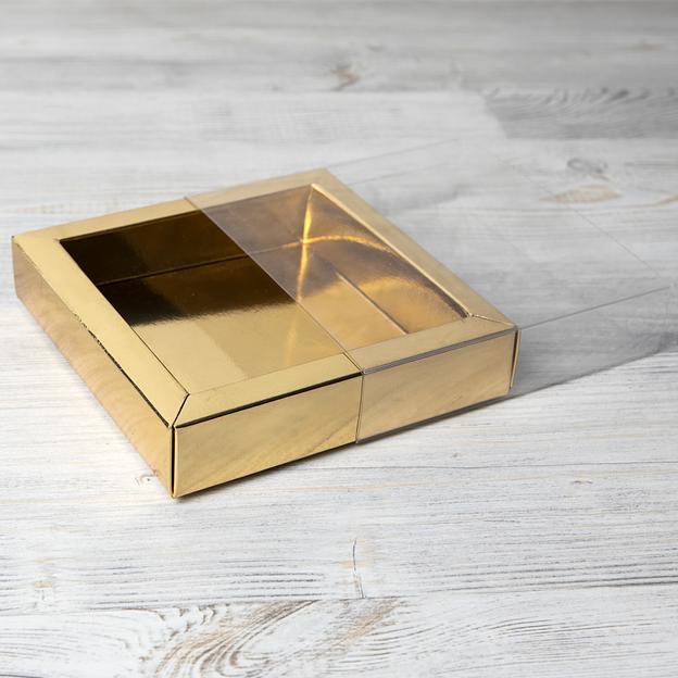 Коробка для конфет с крышкой ПЭТ золото 15х15х3 см фото 1