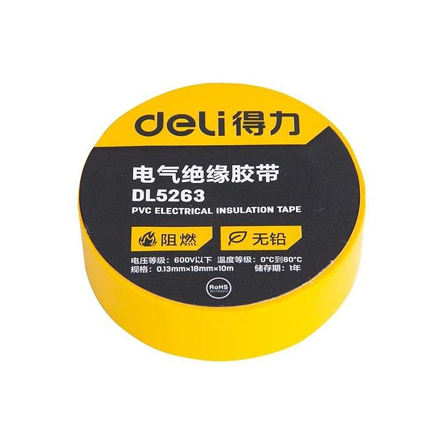 Изолента Deli DL5263 желтая, 0,13мм х 18мм х 9,15м, напряжение до 600В, температурный диапазон 0-80 грд., ПВХ фото 2